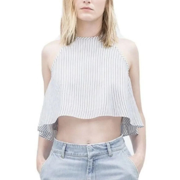 ZARA BASIC Blue Striped Flowy Crop Top Halter Neck Small - Picture 2 of 8